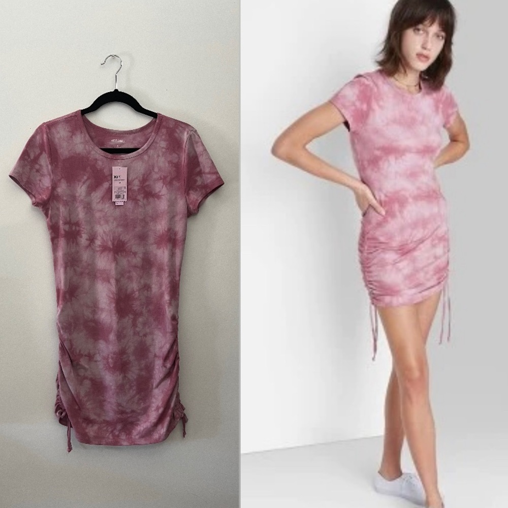 NWT Women’s Pink Tie Dye Short Sleeve Ruched Side Bodycon Dress